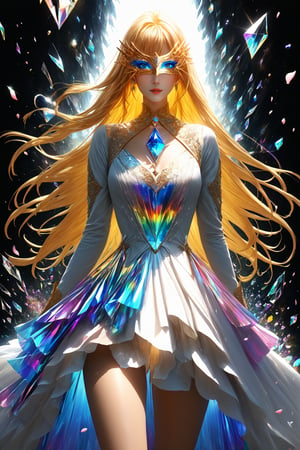 1girl, golden yellow long hair, (strait hair), (blue eyes), ranbow red fantasy-inspired mirrored glass shards expensive clothes, long cut neckline, eye-covering mask, crystal, petals falling, Broken Glass effect, no background, stunning, something that even doesn't exist, mythical being, energy, textures, iridescent and luminescent shards, divine presence, cowboy shot, Volumetric light, auras, rays, vivid colors reflects, Broken Glass effect, eyes shoot, oil paint, male focus, 3d render, digital art, realistic