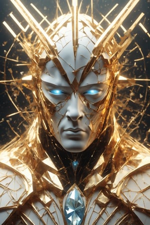 man in his prime, (divine Cybermask) , broken glass effects, mantle made of broken shards, glass clothes, 50yo, strong, golden hair, digital art, masterpiece, award winning, 3d render