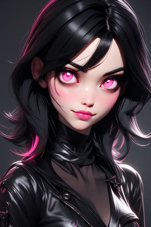 Utra, goth 1girl wearing leather clothes, thin delicate lips smirking with a closed mouth, white skin,  black chin lenght hair and pink eyes, 4k, hd, unreal engine, 3d render, realistic,shards,3d toon style
