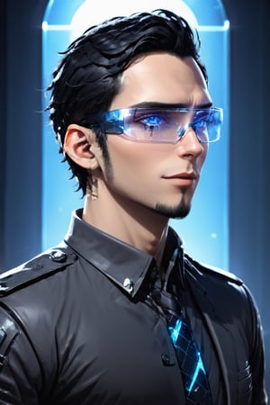 SalomanElfric, 27yo, solo, short hair, blue eyes, shirt, black hair, stylish hair swept to the right, sole male, ((facial hair, sideburns, goatee)), full body, male focus, mature male, unreal engine, realistic, 4k,HDR, sci-fi, full body, standing, grandiose, transparent glass tie, formal wear made broken shards, (stained transparent glass cyberpunk glasses:1.2)