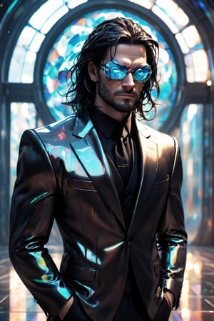 1man calcasian, masculine, mesomorph body type, swiped medium long hair, (lenny:1.2), using a abstract cyberpunk half-mask covering the eyes made of transparent glass, expensive suit made of (stained glass) , realistic, (bokeh), detailed, illuminated, 3d render, unreal engine, HD, 4k