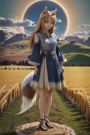 holo, long hair, wolf tail, animal ears, golden shining hair, wheat field, plains, common clothes, happy, full body, unreal_engine, ultra detailed, hdr, 4k