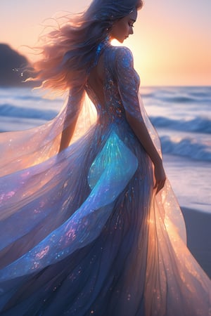 ultra detailed close up illustration of a woman at the seashore after sunset,  she wears a flowy holographic dress made of silk and tulle and very glowy,  bioluminiscent, fantasy art, dreamlike, backlit, dynamic pose, digital art, masterpiece, 3d render, ray-tracing, radiant
