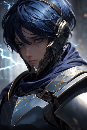 (masterpiece, best quality) extremely detailed, intricately detailed, ((portrait)), 1_boy, ((artificer, assasin)), (Steel smooth armor, dark blue trim, cloth attachments, blue cloak), lightning gem, black blue hair, 27yo, fit, glowing eyes, chiaroscuro lighting, ray tracing, polished, high resolution, volumetric lightning,medieval armor, robot armor