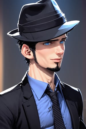 SalomanElfric, 35yo, solo, short hair, blue eyes, shirt, black hair, sole_male, fedora hat, jacket, upper body, male focus, necktie, black jacket, black headwear, (facial hair,sideburns, goatee:1.3), formal, suit, mature male, cartoon, unreal engine