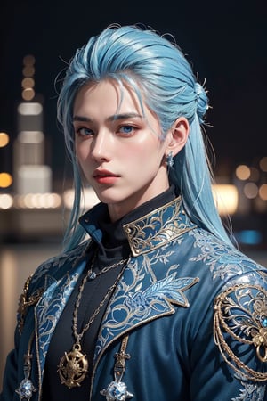 Masterpiece, 3d render, unreal engine. ((20yo sole_male)) wearing ice clothing, long ice blue hair, ice navy large military overcoat, colding, (visual art, abstract:1.2), fantasy, (intricate details:1.3), shallow depth of field, bokeh, Digital illustration, 1 girl, Science Fiction, Enhance, Golden Inspiration,jaeggernawt,Chao