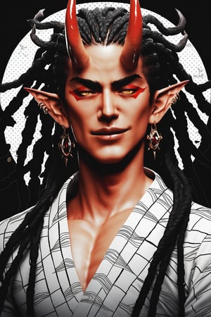 score_9, score_8_up, score_7_up, digital art, halftone effect, masterpiece. realistic, male, upper_body, darkskin, manly, very long hair, (dreadlocks), upper body, horns, pointy elf ears, multiple ear piercings, black background, oni horns, dynamic pose, hair oranments, smug, (montsuki), (one-sholder) yukata, one sleeved kimono, ((katahada)), japanese clothing, bandages, night background