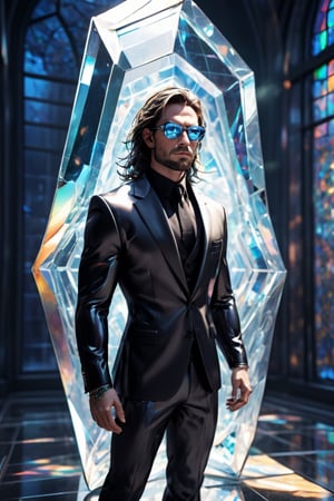 1man calcasian, masculine, mesomorph body type, swiped medium long hair, (lenny:1.2), using a abstract crystalline futuristic sports glasses covering the eyes made of solid transparent glass, expensive suit made of (stained glass) , realistic, (bokeh), detailed, illuminated, 3d render, unreal engine, HDR 