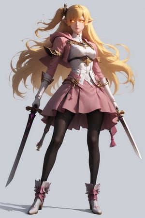 1girl, solo, long hair, skirt, blonde hair, yellow eyes, glowing eyes, weapon, pantyhose, pointy ears, sword, pink hood, right side ponytail, right hand on hip, black pantyhose, left hand holding ootachi behind her, long legs, ootachi, oshino shinobu, masterpiece, digitar art, award winning, detailed, best quality, 3d render, realistic, white gloves, concept art, niji5, holding sword in the left hand