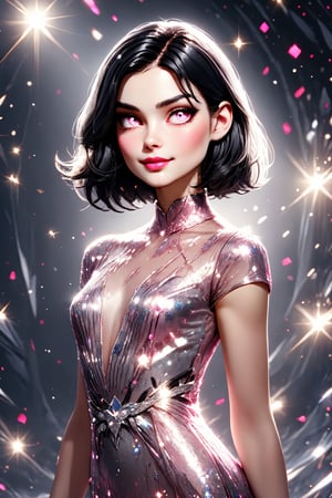 Utra, 1girl in a formal shiny diamond dress, thin delicate lips smirking with a closed mouth, white skin, full_body, black chin lenght hair and pink eyes, 4k, hd, unreal engine, 3d render, realistic,glitter