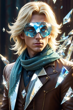 1boy, cleam shave, blonde, long hair, layered hair, swiped back, transparent fantasy-inspired mirrored glass shards aristocrat clothes, broken crystal scarf made of glass, (eye-covering mask:1.2) , crystal, bokeh, Broken Glass effect, no background, stunning, something that even doesn't exist, mythical being, energy, textures, iridescent and luminescent shards, divine presence, cowboy shot, Volumetric light, auras, rays, vivid colors reflects, Broken Glass effect, eyes shoot, oil paint, male focus, 3d render, digital art, realistic, art booster, fflixmj6,Crystal style,art_booster