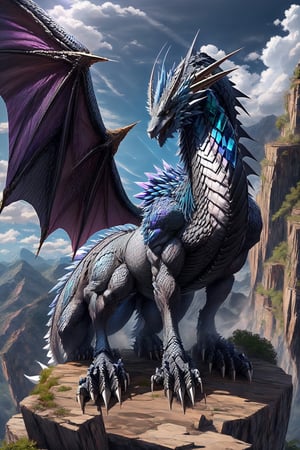 Silver dragon with obisidian black horns on the mountain, (silver white scales), (black horns), Look from a distance, fierce huge white 2 wings, proud, Dragon, bismuth4rmor