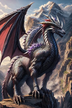 Silver dragon with obisidian black horns on the mountain, (silver white scales), (black horns), Look from a distance, fierce huge white 2 wings, proud, Dragon, bismuth4rmor