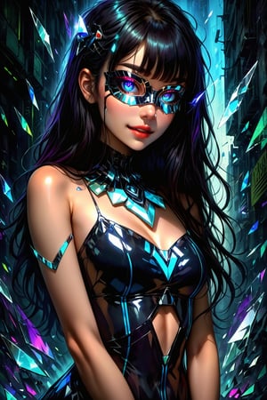 score_9, score_8_up, score_7_up, extremely detailed, (broken glass effect), (dress made of broken glass), shattered glass, (glass eye mask:1.2), vintage, vivid, cyberpunk, crystal mask that refract light, 1girl, upper body, asymetric bangs, black hair, long hair, sexy smile 