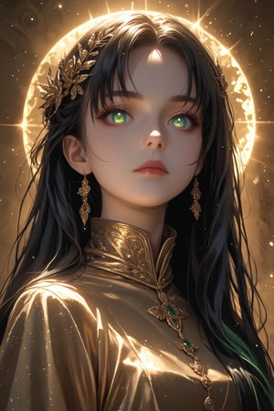 (score_9, score_8_up, score_7_up), (Masterpiece), (detailed background), (intricate details), 2d art
BREAK
1girl, matriarch, solo_female, green shining eyes, black hair, very long hair, strait hair, perfect skin, golden aura,
BREAK
shining black silk dress, imponent pose, alluring, mystic, revealing dark clothes, perfect body, dynamic angle, side shot, looking down at the viewer, 
BREAK
edgy and dramatic fashion photography, bloom, volumetric lighting, bloom, saturated colors, smooth style, upperbody, face focus, particles, perfect eyes,