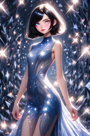 Utra, 1girl wearing a glamorous intricate shiny blue dress showing her legs, full_body, thin delicate lips smirking with a closed mouth, white skin,  black chin lenght hair and pink eyes, 4k, hd, unreal engine, 3d render, realistic,shards,3d toon style,cutegirlmix,glitter,shiny