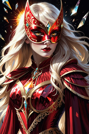 1 girl, (fantasy masquerade mask), blunt bangs, white long hair, strait hair, (golden eyes), crimson red fantasy-inspired mirrored glass silk fantasy dress, pluge neckline, eye-covering mask, crystal, loose brushstrokes, Broken Glass effect, no background, stunning, something that even doesn't exist, mythical being, energy, textures, iridescent and luminescent shards, divine presence, Volumetric light, auras, rays, vivid colors reflects, Broken Glass effect, eyes shoot, oil paint,tag score
