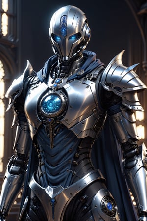 (masterpiece, best quality) extremely detailed, intricately detailed, ((portrait)), (1 robot, slim body) , (artificer, assasin), ((light) streampunk silver armor under clothes, dark blue trim, cloth attachments, blue cloak), lightning gem, 27yo, fit, chiaroscuro lighting, ray tracing, polished, high resolution, volumetric lightning, simple background,medieval armor, robot armor, Lenny, outline, reflexive helmet,ParallelObserver,white body