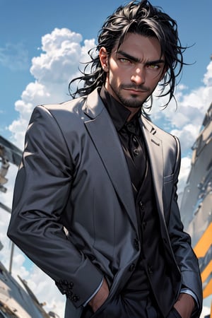 calcasian man with long black hair side swept to the right, golden eyes glowing yelow, hands on pockets, white skin, wearing a black suit, big white clouds moving in a light blue sky, very luminous, 8k, realistic, Add more detail, man, disgusted face,guy, realhands,man,Add more detail,disgusted face,looking at viewer, portrait,
