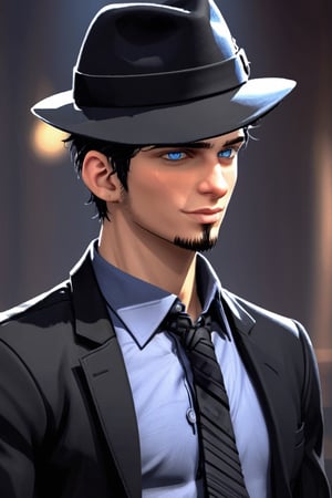 SalomanElfric, 27yo, solo, short hair, blue eyes, shirt, black hair, sole_male, fedora hat, jacket, upper body, male focus, necktie, black jacket, black headwear, (facial hair,sideburns, goatee:1.3), formal, suit, mature male, unreal engine,more detail XL