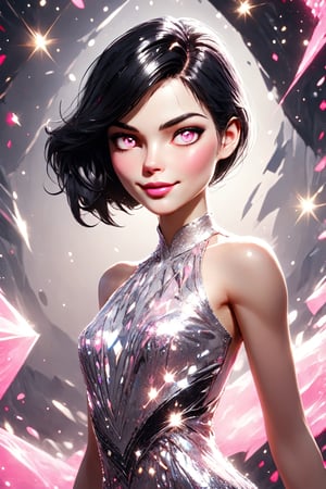 Utra, 1girl in a formal shiny diamond dress, thin delicate lips smirking with a closed mouth,  white skin,  black chin lenght hair and pink eyes, 4k, hd, unreal engine, 3d render, realistic,glitter