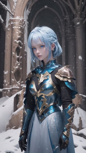 A young warrior with blonde hair, bright blue eyes. edgAllmind has a serious expression. she is dressed in epic silver armor, the armor has details of roses and ice, the lady carries a ice sword in his hands, and her cape is blue, in the background there is a forest with snow, bs,edgAllmind, (sole_female), realistic, 4k, detailed