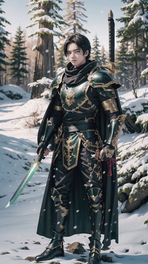 A young warrior with black hair, bright green eyes. has a serene expression. he is dressed in epic heavy armor, the boy carries a bastard sword in his back, and his cape is red, in the background there is a forest with snow, bs,edgAllmind,  realistic, 4k, detailed, (1boy),1boy 