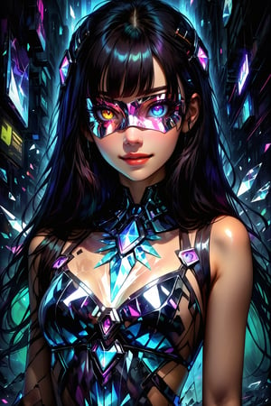 score_9, score_8_up, score_7_up, extremely detailed, (broken glass effect), (crystal dress made of broken glass), shattered glass, (glass eye mask:1.2), vintage, vivid, cyberpunk, crystal mask that refract light, 1girl, upper body, asymetric bangs, black hair, long hair, sexy smile 