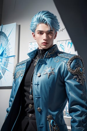 Masterpiece, 3d render, unreal engine. ((20yo sole_male)) wearing ice clothing, medium ice blue hair, ice navy large military overcoat, colding, (visual art, abstract:1.2), fantasy, (intricate details:1.3), shallow depth of field, bokeh, Digital illustration, 1 girl, Science Fiction, Enhance, Golden Inspiration,jaeggernawt,Chao