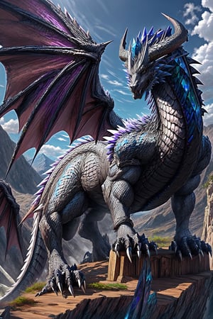 Silver dragon with obisidian black horns on the mountain, (silver white scales), (black horns), Look from a distance, More Detail, fierce huge white wings, proud, bismuth4rmor, Dragon,bismuth4rmor