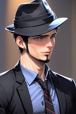 SalomanElfric, 27yo, solo, short hair, blue eyes, shirt, black hair, sole_male, fedora hat, jacket, upper body, male focus, necktie, black jacket, black headwear, (facial hair,sideburns, goatee:1.3), formal, suit, mature male, cartoon, unreal engine