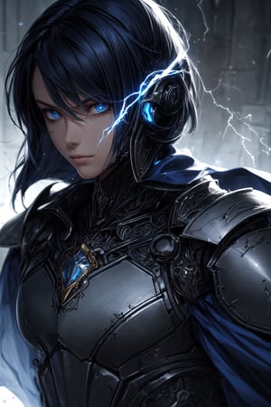 (masterpiece, best quality) extremely detailed, intricately detailed, ((portrait)), 1_boy, ((artificer, assasin)), (Steel smooth armor, dark blue trim, cloth attachments, blue cloak), lightning gem, black blue hair, 27yo, fit, glowing eyes, chiaroscuro lighting, ray tracing, polished, high resolution, volumetric lightning,medieval armor, robot armor