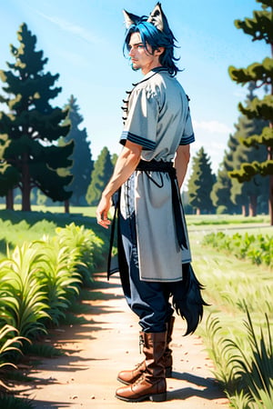 sole_male, farmer, bright blue hair, wolf ears, (wolf tail:1.15), full body, blue eyes, Nature, wheat field, medieval clothes, short sleeves, boots, trousers, unreal engine, detailed, realistic, 3d render, hdr
