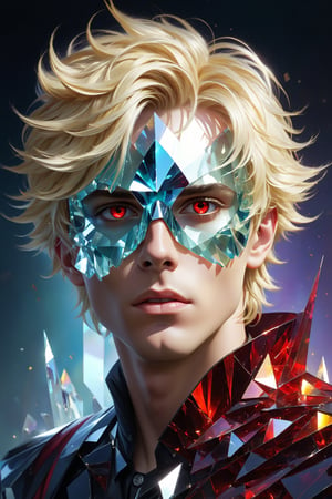 1boy, cleam shave, blonde hair, messy hair, red eyes, transparent fantasy-inspired mirrored glass shards aristocrat clothes, (eye-covering mask:1.2) , crystal, bokeh, Broken Glass effect, no background, stunning, something that even doesn't exist, mythical being, energy, textures, iridescent and luminescent shards, divine presence, Volumetric light, auras, rays, vivid colors reflects, Broken Glass effect, eyes shoot, oil paint, male focus, 3d render, digital art, realistic, art booster, fflixmj6,Crystal style,art_booster