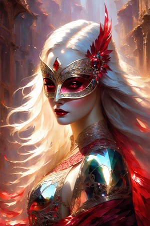 1 girl, (fantasy masquerade mask), blunt bangs, white long hair, strait hair, (crimson red eyes), fantasy-inspired mirrored glass silk fantasy dress, strapless neckline, eye-covering mask, crystal, loose brushstrokes, Broken Glass effect, no background, stunning, something that even doesn't exist, mythical being, energy, textures, iridescent and luminescent shards, divine presence, Volumetric light, auras, rays, vivid colors reflects, Broken Glass effect, eyes shoot, oil paint,tag score