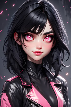 Utra, goth 1girl wearing leather clothes, thin delicate lips smirking with a closed mouth,  white skin,  black chin lenght hair and pink eyes, 4k, hd, unreal engine, 3d render, realistic,shards,3d toon style