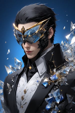 sole_male, (clear crystal visor mask), broken glass formal suit, SalomanElfric, white skin, (blue eyes), short black hair swiped back, [goatee], [sideburns] , masterpiece, digital art, award winner, serene, bright colors, octane, 3d render, realistic, shards,Gold Edged Black Rose,