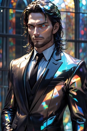 1man calcasian, masculine, mesomorph body type, swiped medium long hair, (lenny:1.2), using a abstract  half-helm covering the eyes made of transparent glass, expensive suit made of (stained glass) , realistic, (bokeh), detailed, illuminated, 3d render, unreal engine, HD,