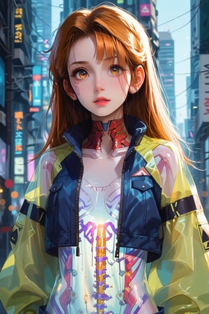 score_9, score_8, score_7, masterpiece, extremely detailed, 1girl, solo, cyberpunk, transparent, cyborg, vivid, see-through body, transparent body, skeleton, translucent, neon, city, detailed background, bokeh, creepy, vintage, see-through, facing front, upper body, internal organs, cute mini jacket, showing belly, orange hair, caramel eyes, long hair, tied hair, hair over one eye