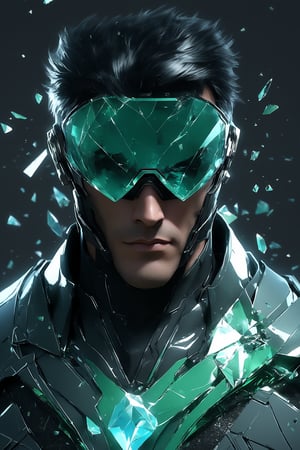 sole_male, German, medium black hair with layers, (square jawline:0.8), handsome, muscular, long sleeves (clear crystal sci-fi glasses), broken glass formal green suit, white skin, (cyan eyes), short black styled hair, clean face, serene expression, boss demeanor, magnate, masterpiece, digital art, award winner, serene, bright colors, octane, 3d render, realistic, shards