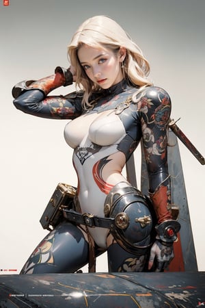 (masterpiece, best quality, hires, high resolution:1.2), (extremely detailed, realistic,high contrast,professional photography photos), 3d, cg, nsfw, woman, (brutalist style:1.6), heavy steampunk armor, robot, cannon, katana, mechinegun, muscular, abs, shiny_skin, light_skin, breasts_out, perfect_hands, science fiction, (cinematic lighting, sunlight, volumetric), looking at viewer, eye-level shot, close-up shot, (vivi color background:1.4), vintage fantasy, 1960s \(style\), film grain, (atompunkstylesd15:1.0), (soviet poster:1.4), ruanyi0214, ruanyi0220, holding sword, holding gun, (dynamic pose:1.6), female action poses