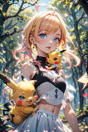 pikachu, 
human,
pink hair,
 ribbons,
 fairy-like appearance,
 long blonde hair,
 blue eyes,
 frilly outfit,
 hearts,
 white dress,coloured glaze,fairy,
 daytime, 
forest background, wide angle,
 small pikachu on shoulder,
 long wavy hair,
defTifa, 
white crop top,
pikachu,
,High detailed 