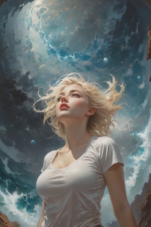 The constellations form infinite paisleys in the sky The condensation tumbles down and erases all my sight And is it in the nightmare map of the cosmos up high? Or is it in the signs? Or stranger still,  just in my eyes?,  art by Clayton Crain,  Stjepan Sejic,  Rachel Walpole,  Jeszika Le Vye,  Peter Mohrbacher,  thunder and portal and dark magic and starlight,  (glowing pupils,  detailed eyes),  1girl,  looking ((crying!!)),  wet white shirt,  blond,  sexy,  Saturn,  Jupiter,  canyon,  cliffs,  ocean,  waves,  Fisheye Lens,  view_from_below,  low_angle,  Leonardo Style