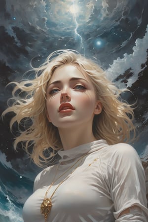 The constellations form infinite paisleys in the sky The condensation tumbles down and erases all my sight And is it in the nightmare map of the cosmos up high? Or is it in the signs? Or stranger still,  just in my eyes?,  art by Clayton Crain,  Stjepan Sejic,  Rachel Walpole,  Jeszika Le Vye,  Peter Mohrbacher,  thunder and portal and dark magic and starlight,  ((glowing pupils,  close up,  detailed eyes)),  1girl,  looking ((crying!!)),  tears dripping from her beautiful eyes,  blond,  sexy,  Saturn,  Jupiter,  canyon,  cliffs,  ocean,  waves,  Fisheye Lens,  wet white shirt,  view_from_below,  low_angle,  Leonardo Style