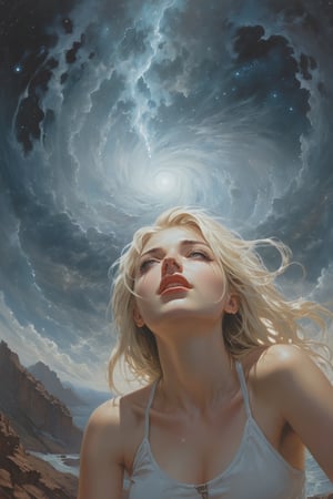 The constellations form infinite paisleys in the sky The condensation tumbles down and erases all my sight And is it in the nightmare map of the cosmos up high? Or is it in the signs? Or stranger still,  just in my eyes?,  art by Clayton Crain,  Stjepan Sejic,  Rachel Walpole,  Jeszika Le Vye,  Peter Mohrbacher,  thunder and portal and dark magic and starlight,  ((glowing pupils,  close up,  detailed eyes)),  1girl,  looking ((crying!!)),  tears dripping from her beautiful eyes,  blond,  sexy,  Saturn,  Jupiter,  canyon,  cliffs,  ocean,  waves,  Fisheye Lens,  wet white shirt,  view_from_below,  low_angle,  Leonardo Style
