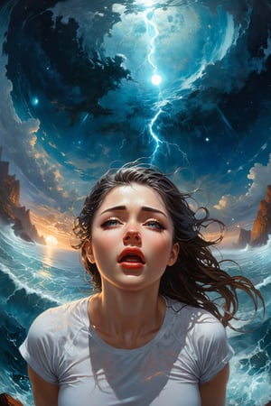 The constellations form infinite paisleys in the sky The condensation tumbles down and erases all my sight And is it in the nightmare map of the cosmos up high? Or is it in the signs? Or stranger still,  just in my eyes?,  art by Clayton Crain,  Stjepan Sejic,  Rachel Walpole,  Jeszika Le Vye,  Peter Mohrbacher,  thunder and portal and dark magic and starlight,  (glowing pupils,  detailed eyes),  1girl,  looking ((crying!!)),  wet white shirt,  sexy,  Saturn,  Jupiter,  canyon,  cliffs,  ocean,  waves,  Fisheye Lens,  view_from_below,  low_angle,  Leonardo Style