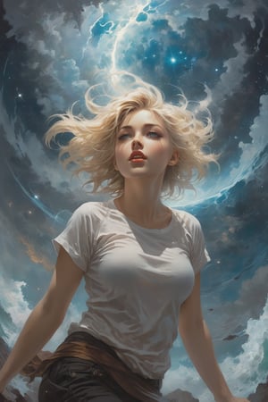 The constellations form infinite paisleys in the sky The condensation tumbles down and erases all my sight And is it in the nightmare map of the cosmos up high? Or is it in the signs? Or stranger still, just in my eyes?, art by Clayton Crain, Stjepan Sejic, Rachel Walpole, Jeszika Le Vye, Peter Mohrbacher, 1girl, sexy, ((glowing pupils, detailed eyes, mouth_open, dynamic_pose, Fisheye Lens, vivi_color_sky)), blond, wet_white_shirt, storm and portal and dark magic and starlight, Saturn, Jupiter, canyon, cliffs, ocean, waves, (view_from_below, low_angle), Leonardo Style