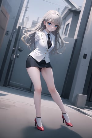 masterpiece, best quality, Ray tracing, hdr, volumetric lighting,1girl, Blonde with beachy waves, sparkling blue eyes, and a slender figure, microskirt,panties(from below:1.3), (low angle shot:1.3),cameltoe view, cameltoe, (armless), armless, (formal, pencil skirt, colourful suit, business suit, colourul blouse), (louboutins, so kates), (very_long_hair), full_body