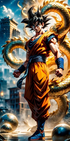(high resolution:1.3),(16k,RAW photo,masterpiece,best quality:1.4),(ultra high res,ultra realistic,realistic,photo realistic:1.2),sharp focus,hyper detail,Beautiful,Perfect,professionallighting,smooth,
BREAK
(Dragon Ball Universe:1.2), (Goku,full body,looking to viewer with wrathful expression,silver-grey hair in reverse position:1.3), (standing in completely destroyed city,heavy rain,people fleeing from city:1.2), (emitting intense magical aura around body:1.3),(aura highlighted across whole body:1.3),combat stance:1.2), ((7 Dragon Balls floating around,balls with 7 stars inscribed,yellow:1.3)), (grand world view:1.2),son goku, Golden oriental dragon