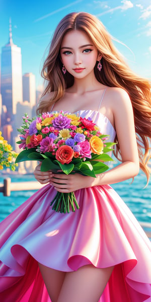 (high resolution:1.3),(16k,RAW photo,masterpiece,best quality:1.4),(ultra high res,ultra realistic,realistic,photo realistic:1.2),sharp focus,hyper detail,Beautiful,Perfect,professionallighting,smooth,BREAK
1 beautiful woman holding a colorful, large bouquet of flowers with a card labeled "((TA1year))" against the backdrop of the New York cityscape. The background is vibrant, and the woman's long hair is flowing in the wind.